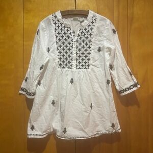 Collections Etc Blouse Womens Medium White Black Embroidery Boho Hippie